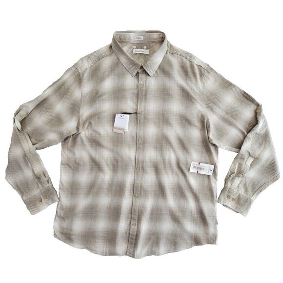 Calvin Klein Modern Casual Roll-Tab Shirt Men's XXL Beige Plaid Long Sleeve NWT - Picture 1 of 16